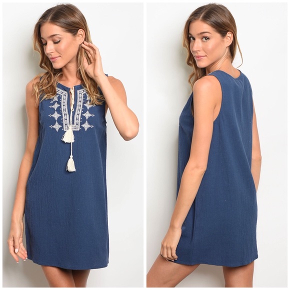 Dresses & Skirts - LAST Blue Embroidered Sleeveless Shift Dress